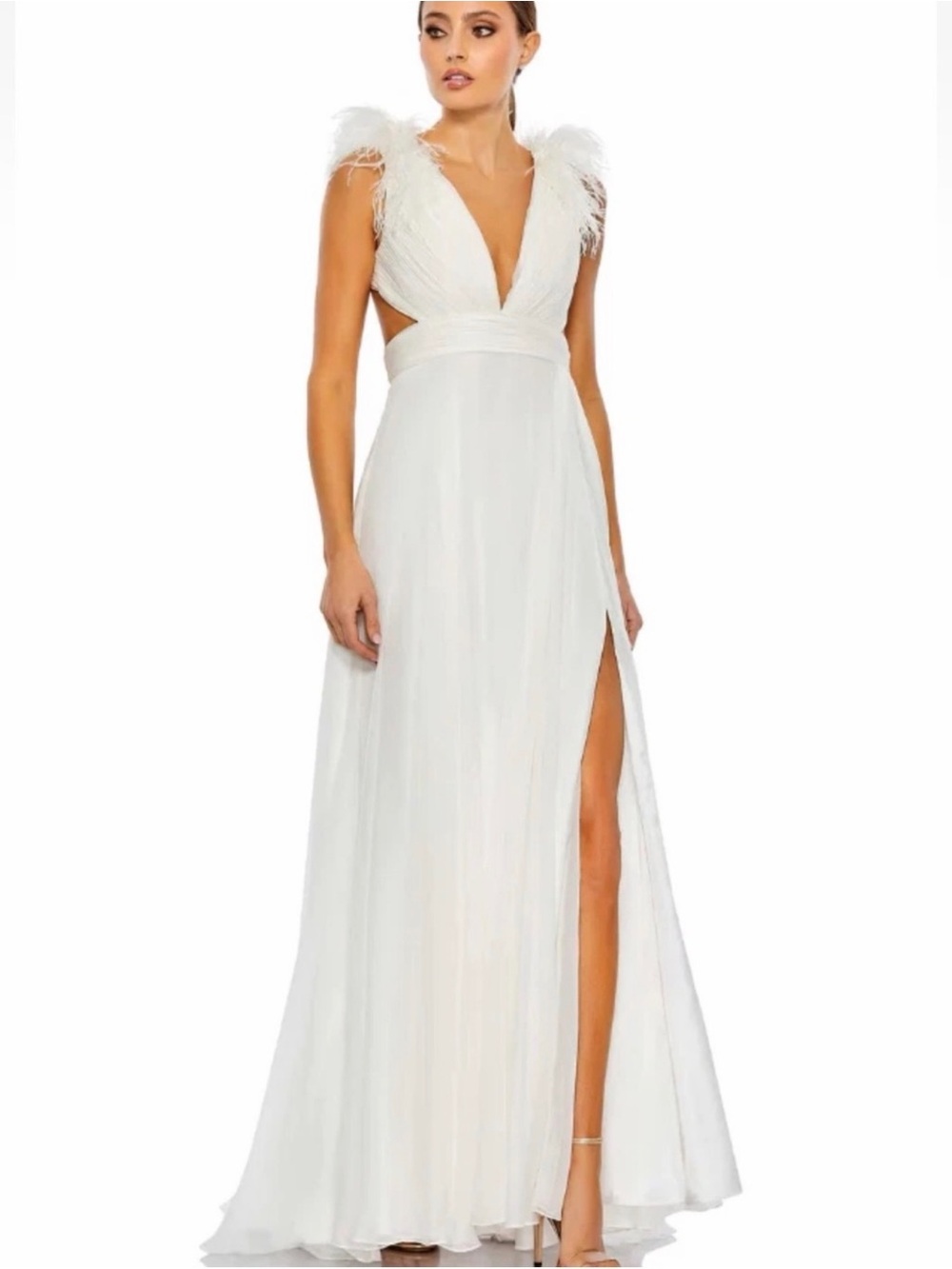 Mac Duggal 68113 White Plunge Neck Ostrich Feather A-Line Chiffon Gown Size 8